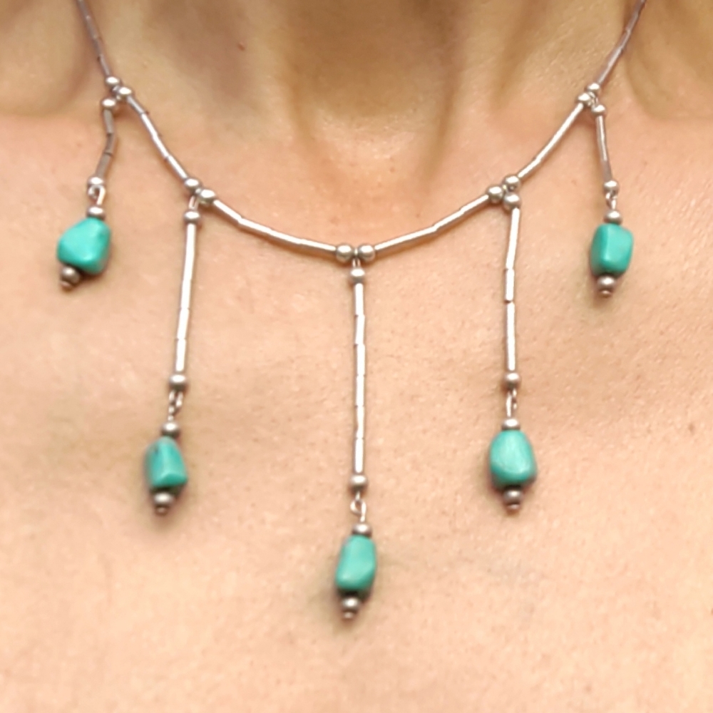 Vintage Native American Liquid Sterling Silver Turquoise Drop Necklace